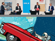 A picture of the podium with 4 people from the last edition of Zulamo and the characteristic astronaut in a car, logo of the series